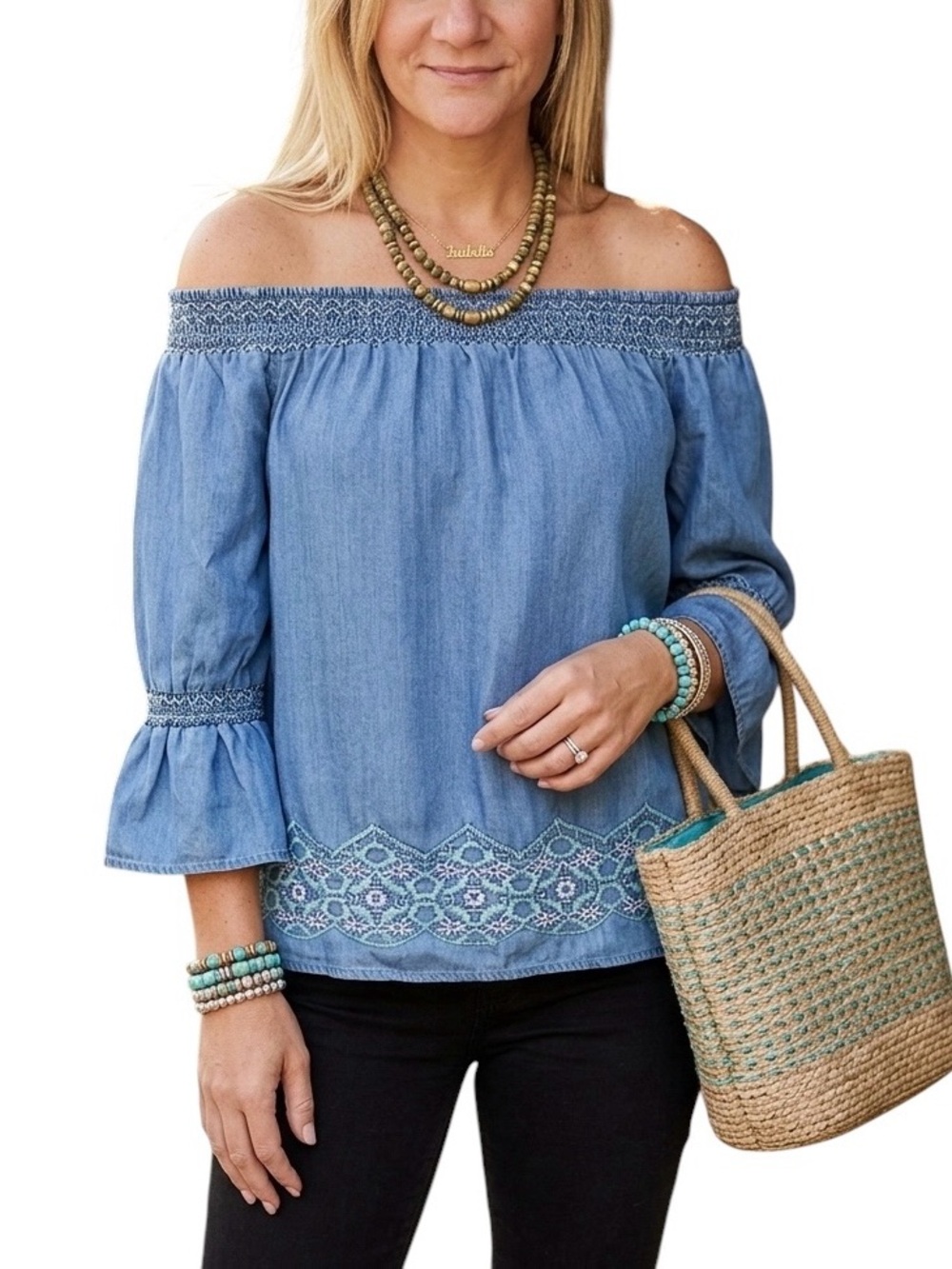 Crown & Ivy Blue Chambray Off The Shoulder Embroidered Top Size PM - Bell Sleeve